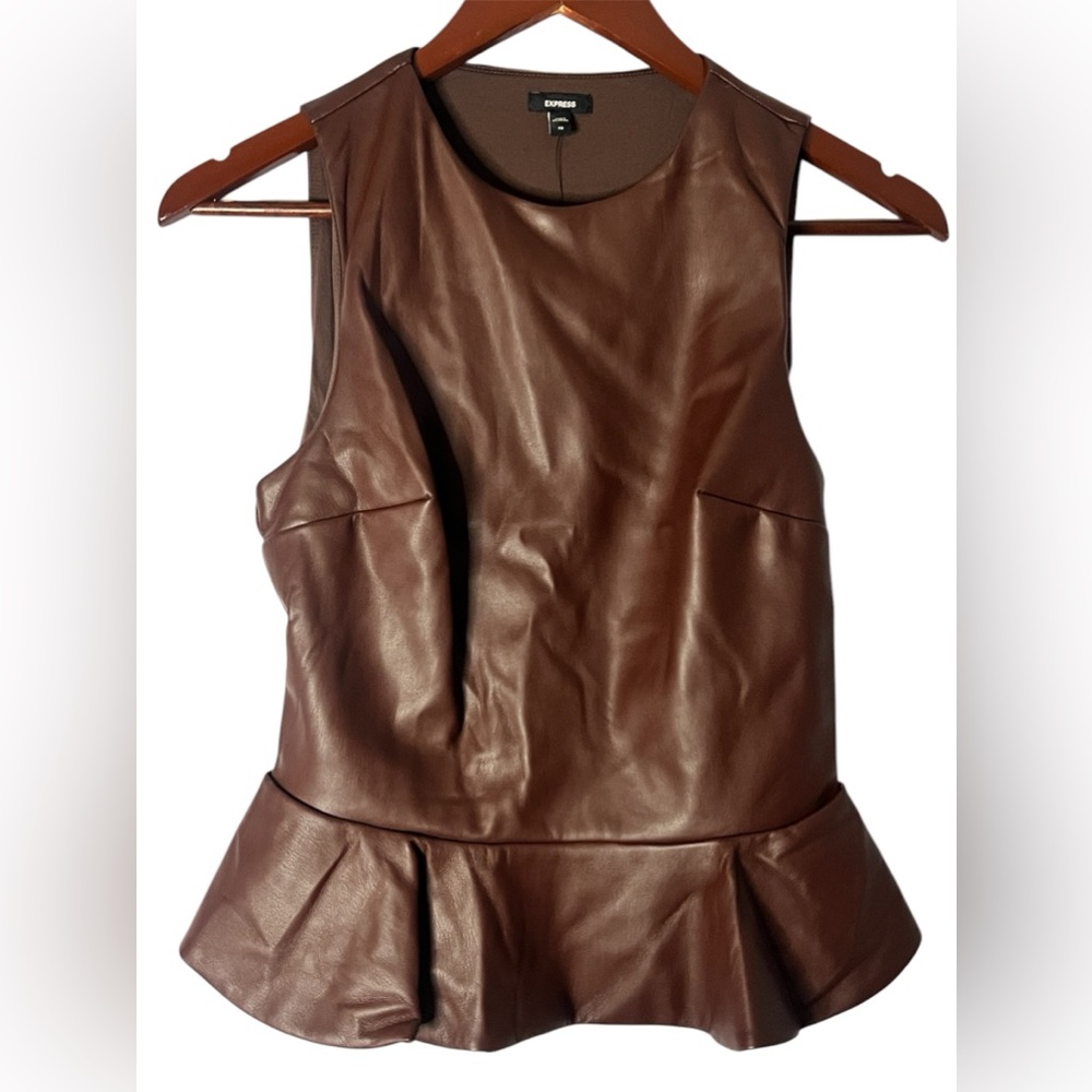 SOLD EXPRESS Body Contour Brown Faux Leather Crew Neck Peplum Tank Brown XS - Picture 4 of 8